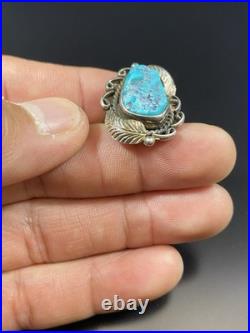 Vintage Native American Sterling Silver 925 Turquoise Leaf Design Ring Signed JW