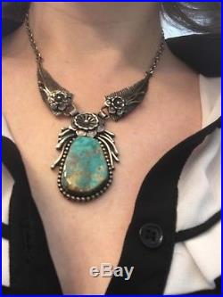 Vintage Native American Sterling Silver Green Turquoise Necklace