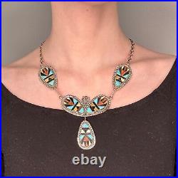 Vintage Native American Sterling Silver Onyx, Turquoise, Coral, MOP Necklace