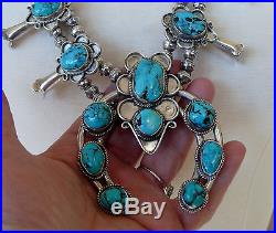 Vintage Native American Sterling Silver Squash Blossom Necklace with Turquoise