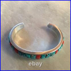 Vintage Native American Sterling Silver/Turquoise And Coral Bracelet-Signed