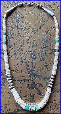Vintage Native American Sterling Silver Turquoise Black Onyx Heishi Necklace