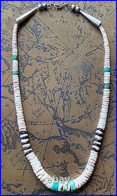 Vintage Native American Sterling Silver Turquoise Black Onyx Heishi Necklace