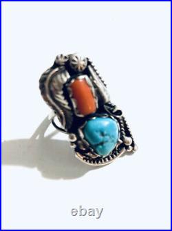 Vintage Native American Sterling Silver Turquoise Coral Ring Signed