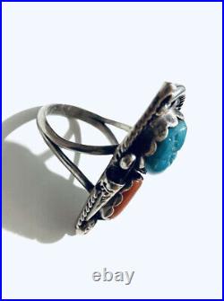 Vintage Native American Sterling Silver Turquoise Coral Ring Signed