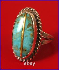 Vintage Native American Sterling Silver Turquoise Gold Accent Ring Sz 6.75