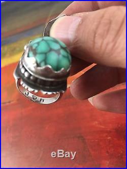 Vintage Native American Sterling Silver Turquoise Ring handmade Signed JHD RARE