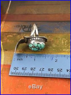 Vintage Native American Sterling Silver Turquoise Ring handmade Signed JHD RARE