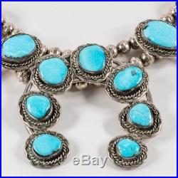 Vintage Native American Sterling Silver & Turquoise Squash Blossom Necklace