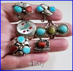 Vintage Native American Sterling Silver Turquoise and Coral Ring Lot
