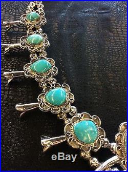 Vintage Native American Sterling Silver and Turquoise Squash Blossom Necklace