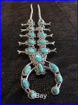 Vintage Native American Sterling Silver and Turquoise Squash Blossom Necklace