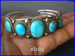 Vintage Native American Turquoise 5-Stone Sterling Silver Rolled Tines Bracelet