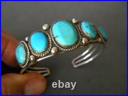 Vintage Native American Turquoise 5-Stone Sterling Silver Rolled Tines Bracelet