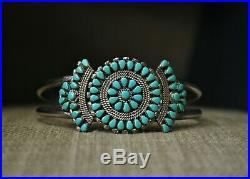 Vintage Native American Zuni Turquoise Sterling Silver Cluster Cuff Bracelet