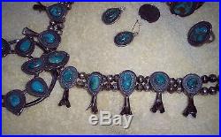 Vintage Navaho Sterling Silver & Turquoise Squash Blossom Necklace 5 Piece Set
