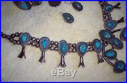 Vintage Navaho Sterling Silver & Turquoise Squash Blossom Necklace 5 Piece Set