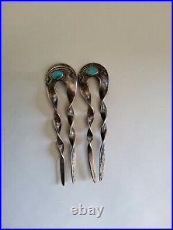Vintage Navajo 1930's Turquoise Sterling Silver Hair Pins. Beautiful