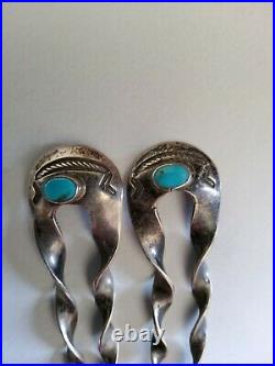 Vintage Navajo 1930's Turquoise Sterling Silver Hair Pins. Beautiful