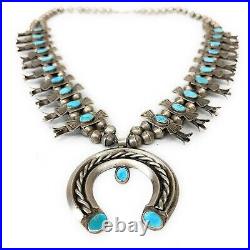 Vintage Navajo 1950's Sterling Silver Royston Turquoise Squash Blossom Necklace