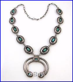 Vintage Navajo 925 Sterling Silver Turquoise Shadowbox Squash Blossom Necklace J