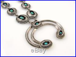 Vintage Navajo 925 Sterling Silver Turquoise Shadowbox Squash Blossom Necklace J