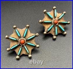 Vintage Navajo Ben Yazzie Sterling Silver Turquoise Needle Point Coral Earrings