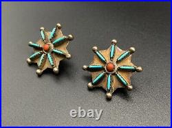 Vintage Navajo Ben Yazzie Sterling Silver Turquoise Needle Point Coral Earrings