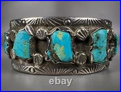 Vintage Navajo Cast Sterling Silver Kingman Turquoise Cuff Bracelet OLD