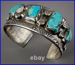 Vintage Navajo Cast Sterling Silver Kingman Turquoise Cuff Bracelet OLD