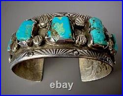 Vintage Navajo Cast Sterling Silver Kingman Turquoise Cuff Bracelet OLD