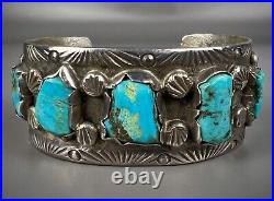 Vintage Navajo Cast Sterling Silver Kingman Turquoise Cuff Bracelet OLD