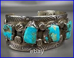 Vintage Navajo Cast Sterling Silver Kingman Turquoise Cuff Bracelet OLD