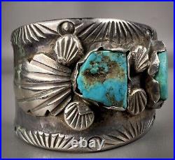 Vintage Navajo Cast Sterling Silver Kingman Turquoise Cuff Bracelet OLD