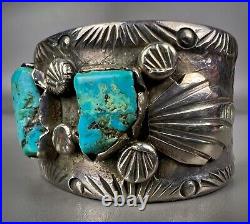 Vintage Navajo Cast Sterling Silver Kingman Turquoise Cuff Bracelet OLD