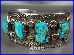 Vintage Navajo Cast Sterling Silver Kingman Turquoise Cuff Bracelet OLD