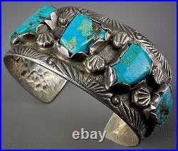 Vintage Navajo Cast Sterling Silver Kingman Turquoise Cuff Bracelet OLD