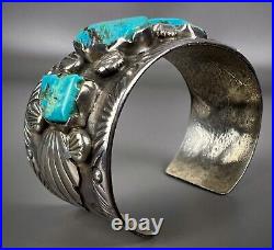 Vintage Navajo Cast Sterling Silver Kingman Turquoise Cuff Bracelet OLD