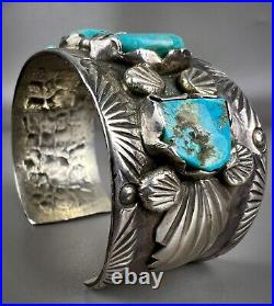 Vintage Navajo Cast Sterling Silver Kingman Turquoise Cuff Bracelet OLD