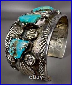 Vintage Navajo Cast Sterling Silver Kingman Turquoise Cuff Bracelet OLD