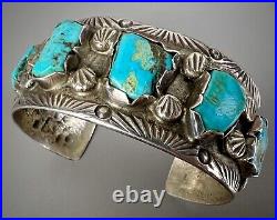 Vintage Navajo Cast Sterling Silver Kingman Turquoise Cuff Bracelet OLD