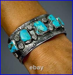 Vintage Navajo Cast Sterling Silver Kingman Turquoise Cuff Bracelet OLD