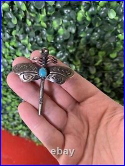 Vintage Navajo Dragonfly Turquoise Hand Stamped Sterling Silver Pin Brooch