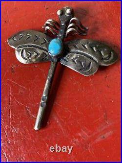 Vintage Navajo Dragonfly Turquoise Hand Stamped Sterling Silver Pin Brooch