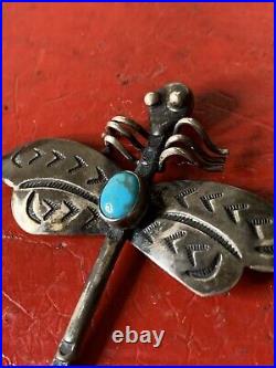 Vintage Navajo Dragonfly Turquoise Hand Stamped Sterling Silver Pin Brooch