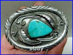 Vintage Navajo Hand-made Sterling Silver & Turquoise Belt Buckle- Signed R. W. J