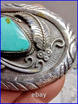 Vintage Navajo Hand-made Sterling Silver & Turquoise Belt Buckle- Signed R. W. J