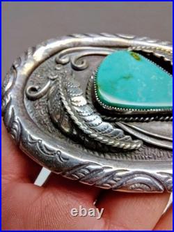 Vintage Navajo Hand-made Sterling Silver & Turquoise Belt Buckle- Signed R. W. J