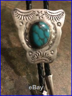 Vintage Navajo Handmade Solid 925 Sterling Silver Turquoise Leather Bolo Tie