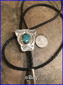 Vintage Navajo Handmade Solid 925 Sterling Silver Turquoise Leather Bolo Tie
